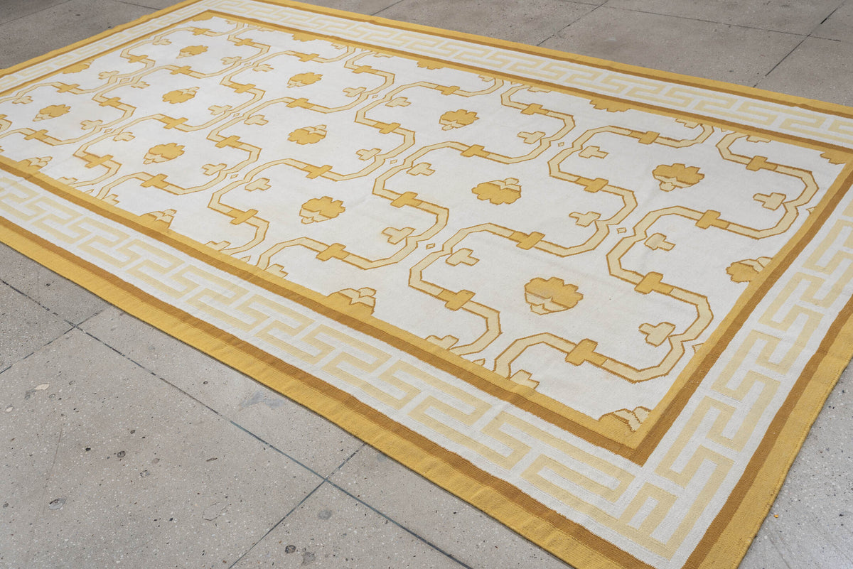 7' x 12' one-of-a-kind handmade antique Dhurrie large size rug. Color palette: ivory, saffron, gold, camel, cream