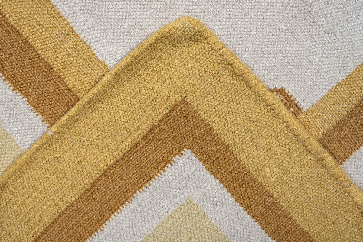 7' x 12' one-of-a-kind handmade antique Dhurrie large size rug. Color palette: ivory, saffron, gold, camel, cream