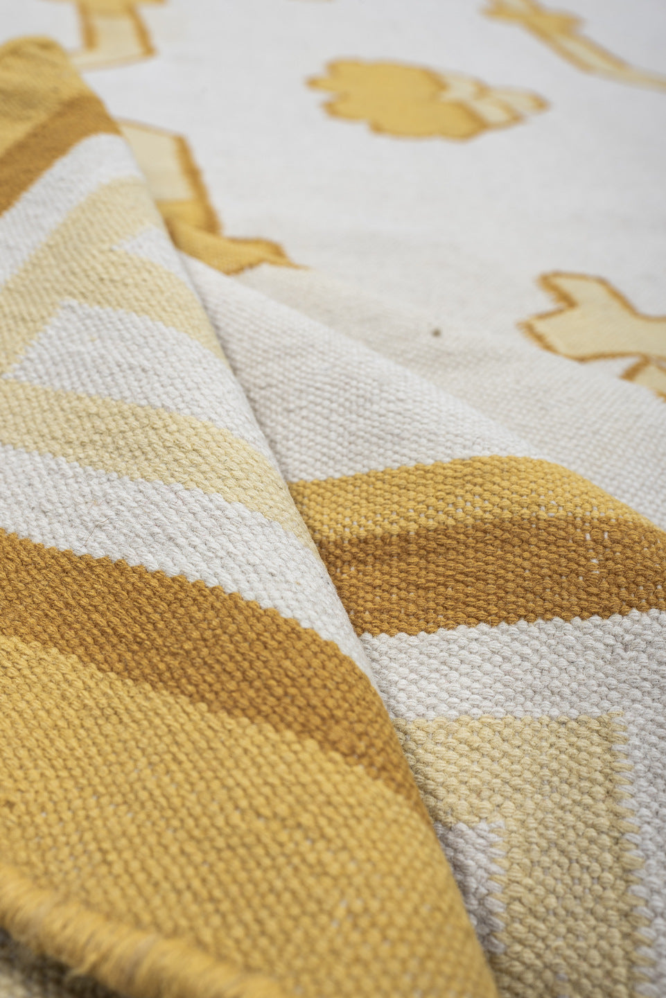 7' x 12' one-of-a-kind handmade antique Dhurrie large size rug. Color palette: ivory, saffron, gold, camel, cream