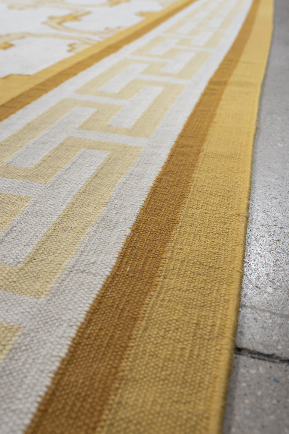 7' x 12' one-of-a-kind handmade antique Dhurrie large size rug. Color palette: ivory, saffron, gold, camel, cream