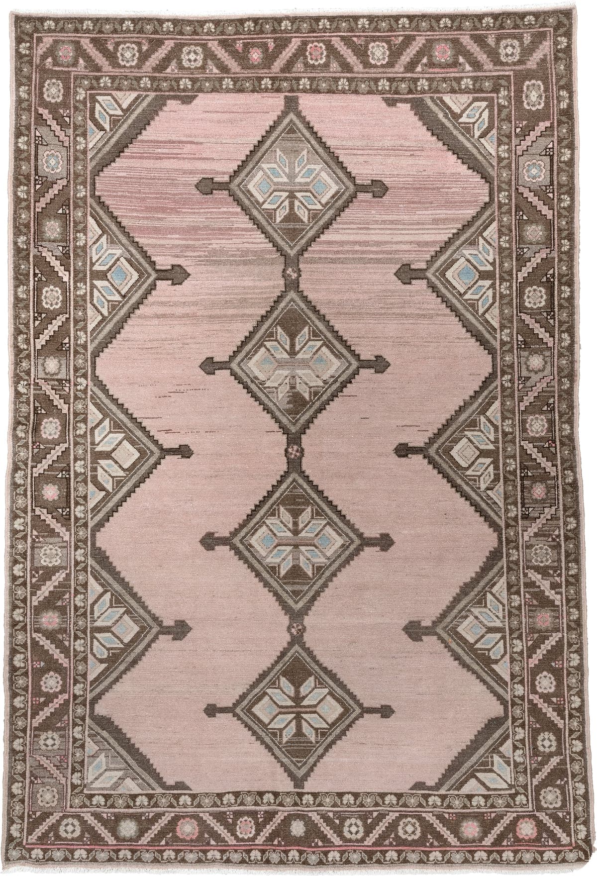 4' x 7' one-of-a-kind handmade antique Hamadan rug. Color palette: rose, charcoal, ivory, taupe, pale blue, blush, brown