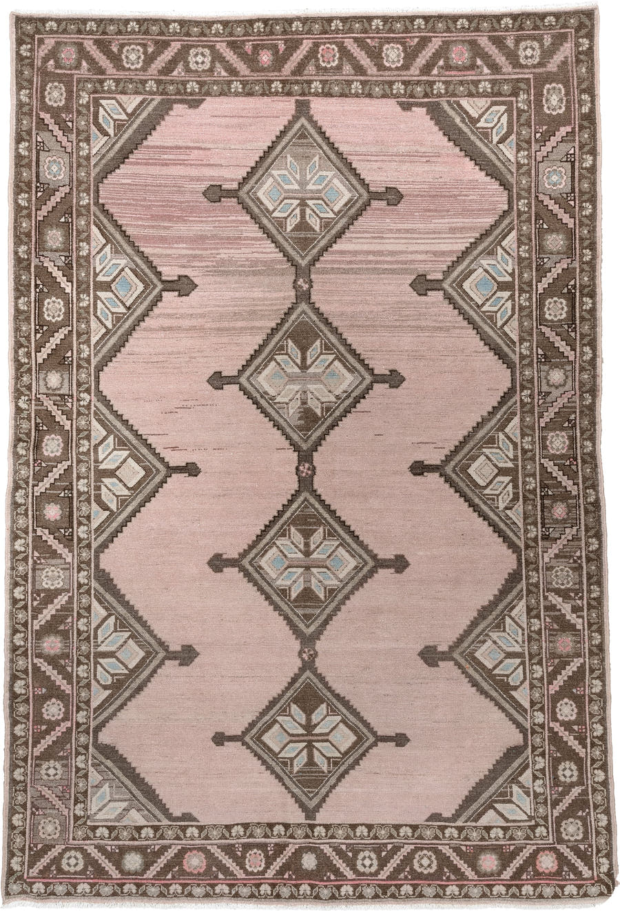 4' x 7' one-of-a-kind handmade antique Hamadan rug. Color palette: rose, charcoal, ivory, taupe, pale blue, blush, brown