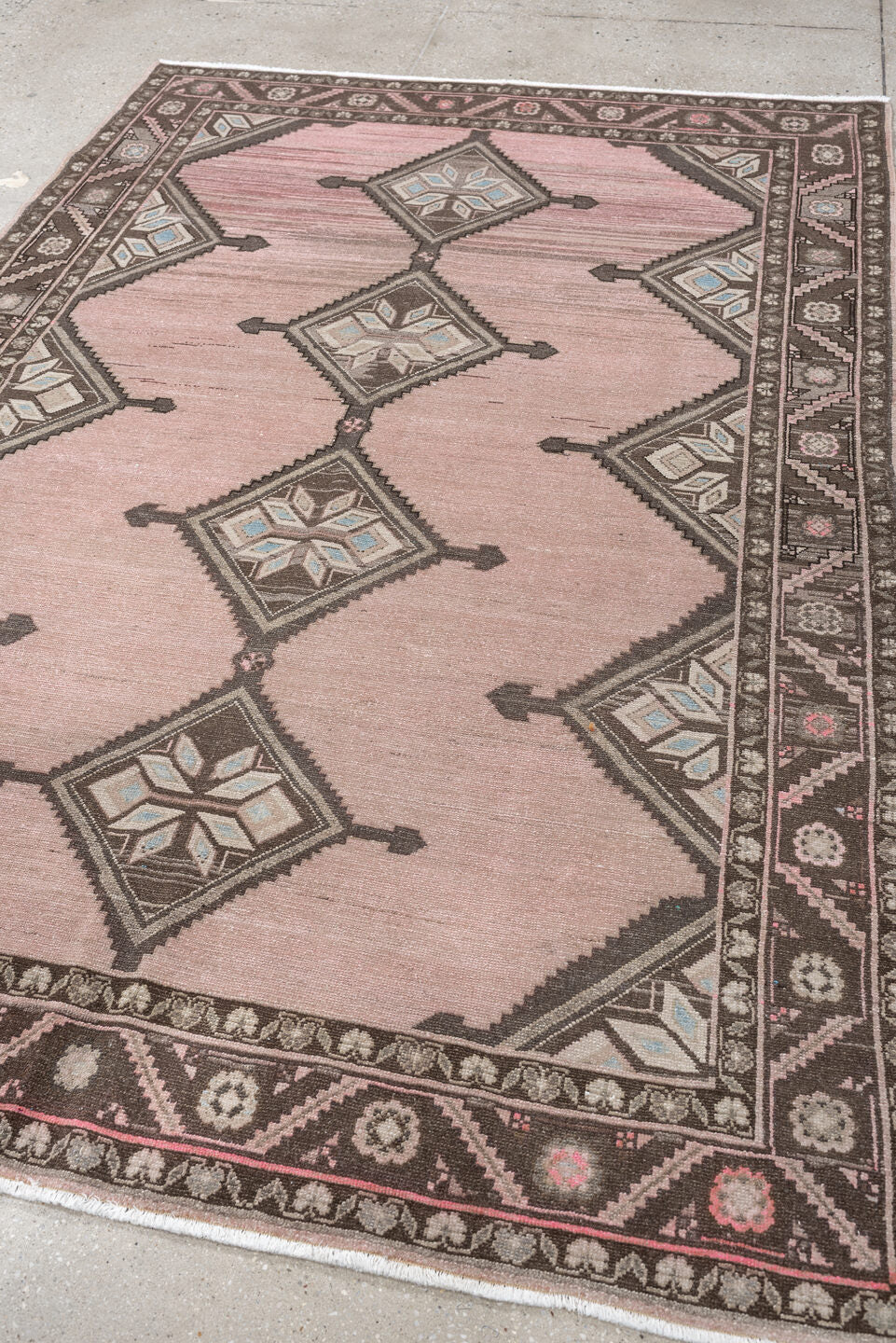 4' x 7' one-of-a-kind handmade antique Hamadan rug. Color palette: rose, charcoal, ivory, taupe, pale blue, blush, brown