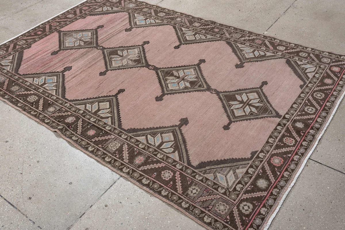 4' x 7' one-of-a-kind handmade antique Hamadan rug. Color palette: rose, charcoal, ivory, taupe, pale blue, blush, brown