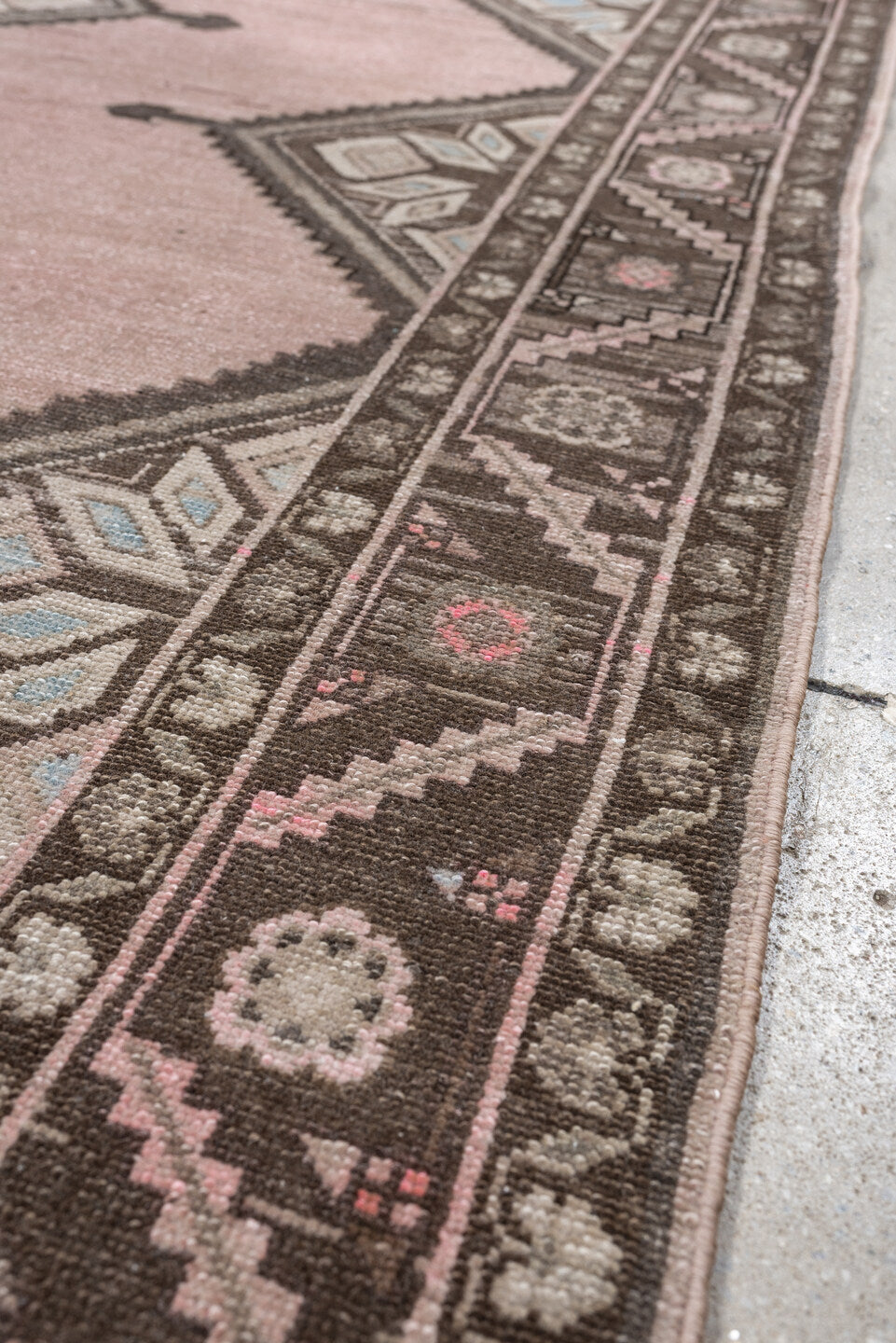 4' x 7' one-of-a-kind handmade antique Hamadan rug. Color palette: rose, charcoal, ivory, taupe, pale blue, blush, brown
