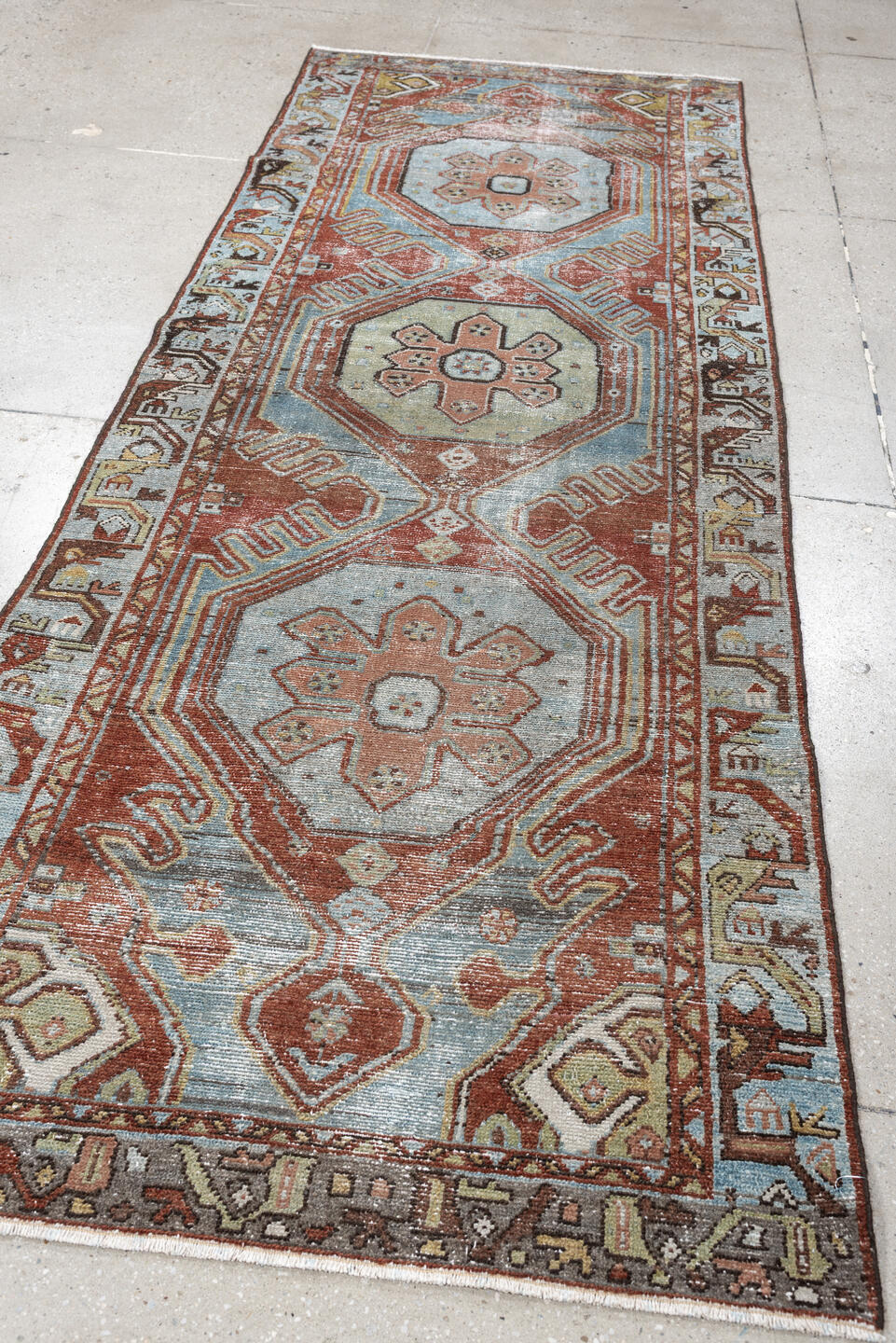 3' x 9' one-of-a-kind handmade antique Hamadan runner rug. Color palette: pale blue, rust, ivory, salmon, charcoal, taupe