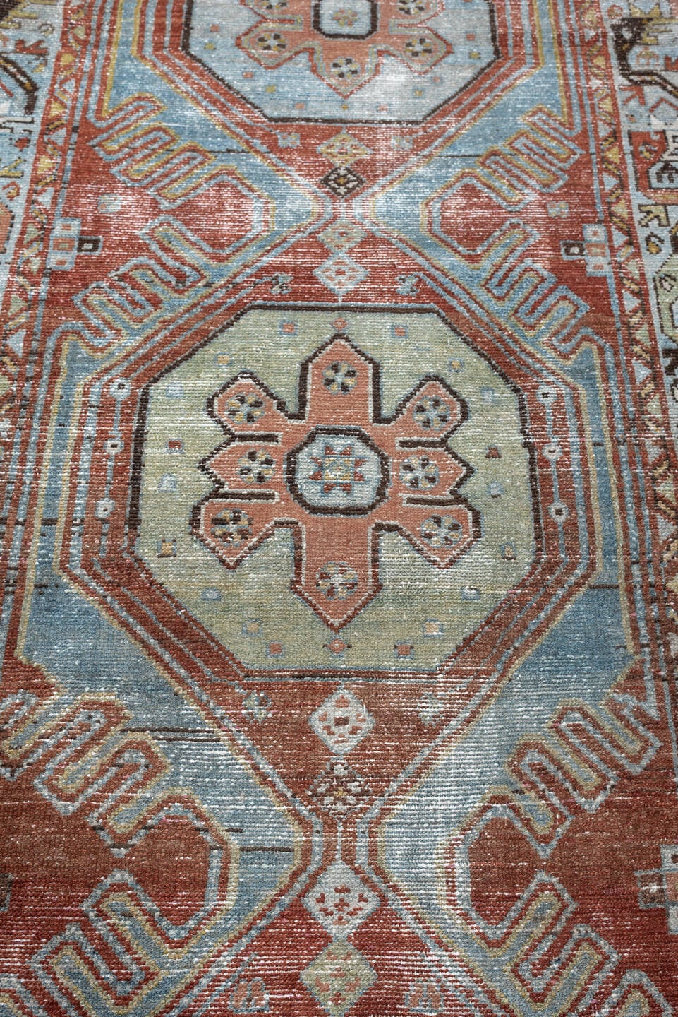 3' x 9' one-of-a-kind handmade antique Hamadan runner rug. Color palette: pale blue, rust, ivory, salmon, charcoal, taupe