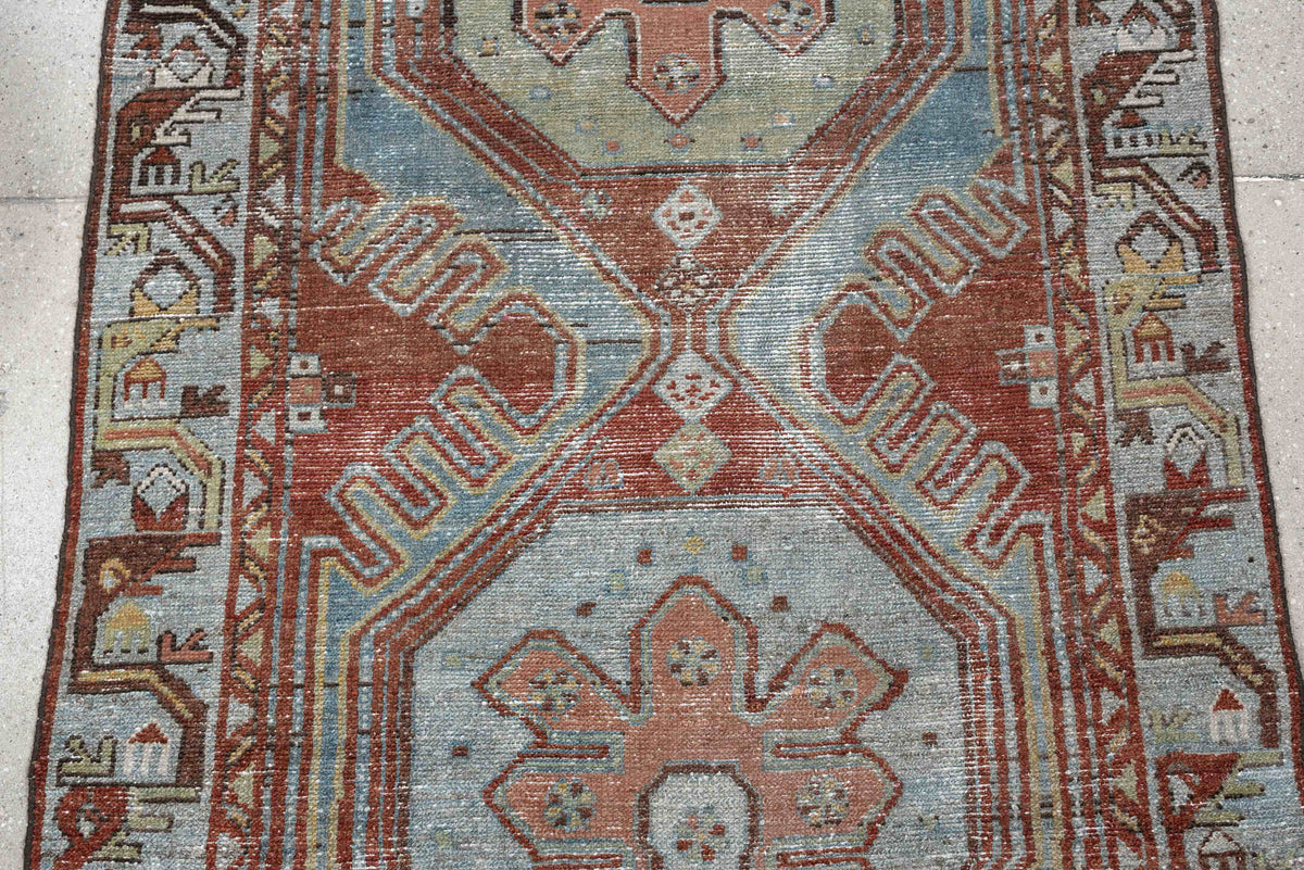 3' x 9' one-of-a-kind handmade antique Hamadan runner rug. Color palette: pale blue, rust, ivory, salmon, charcoal, taupe