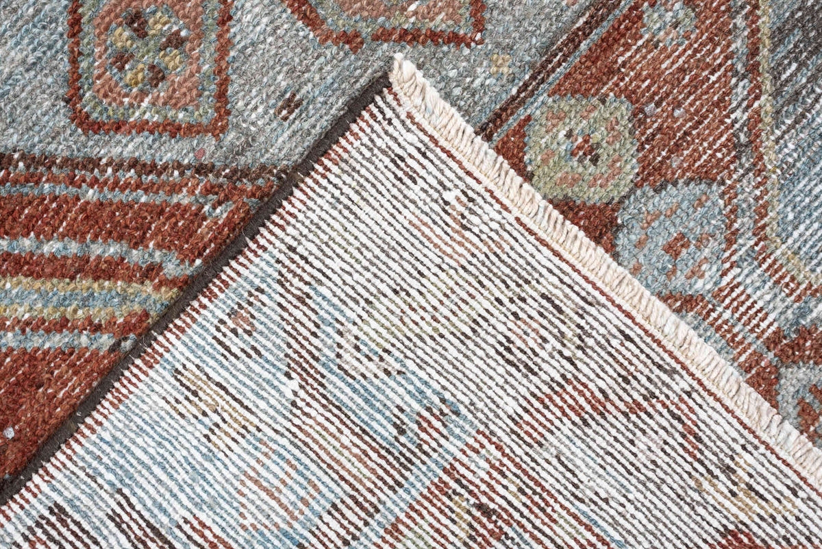 3' x 9' one-of-a-kind handmade antique Hamadan runner rug. Color palette: pale blue, rust, ivory, salmon, charcoal, taupe