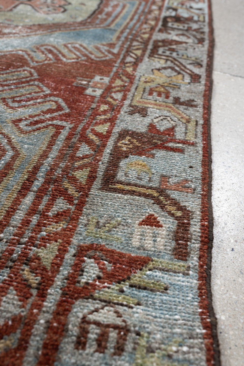 3' x 9' one-of-a-kind handmade antique Hamadan runner rug. Color palette: pale blue, rust, ivory, salmon, charcoal, taupe
