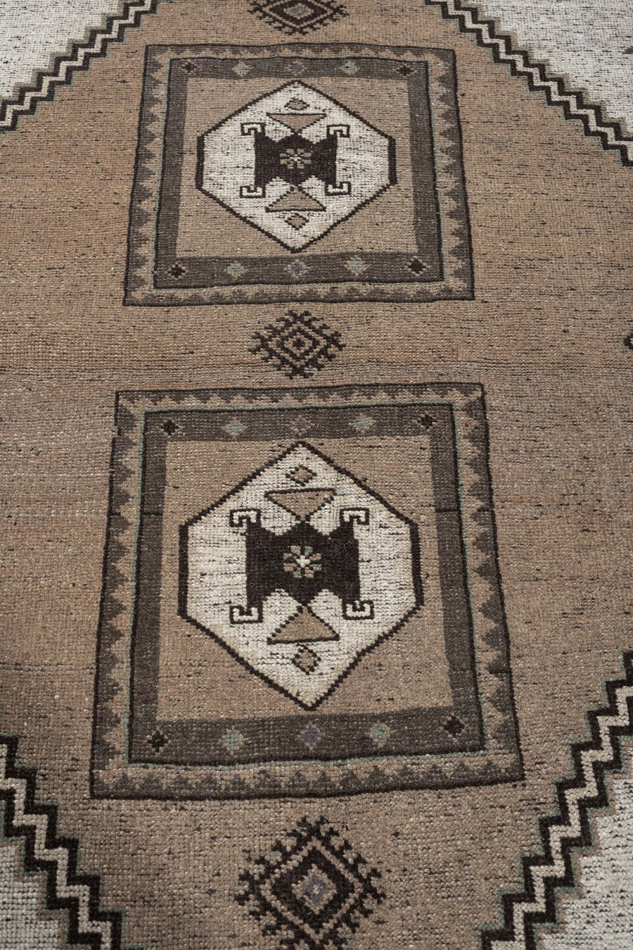 3' x 4' one-of-a-kind handmade antique Meshkin small size rug. Color palette: taupe, ivory, dark brown, charcoal, sage