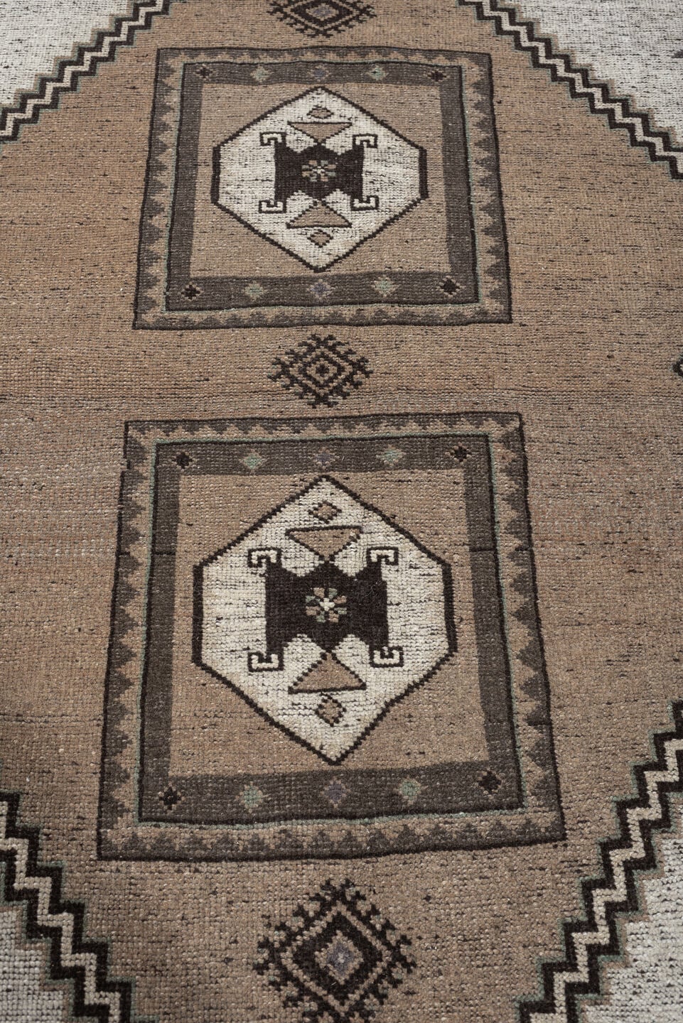 3' x 4' one-of-a-kind handmade antique Meshkin small size rug. Color palette: taupe, ivory, dark brown, charcoal, sage