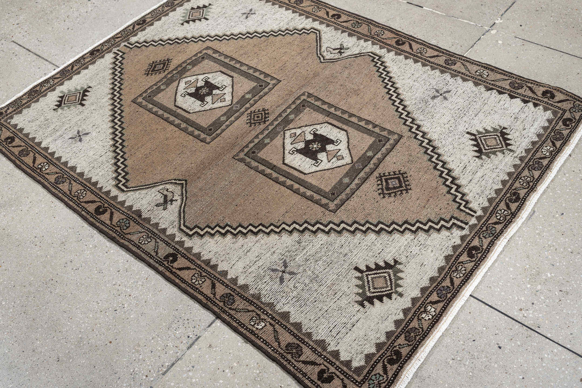 3' x 4' one-of-a-kind handmade antique Meshkin small size rug. Color palette: taupe, ivory, dark brown, charcoal, sage