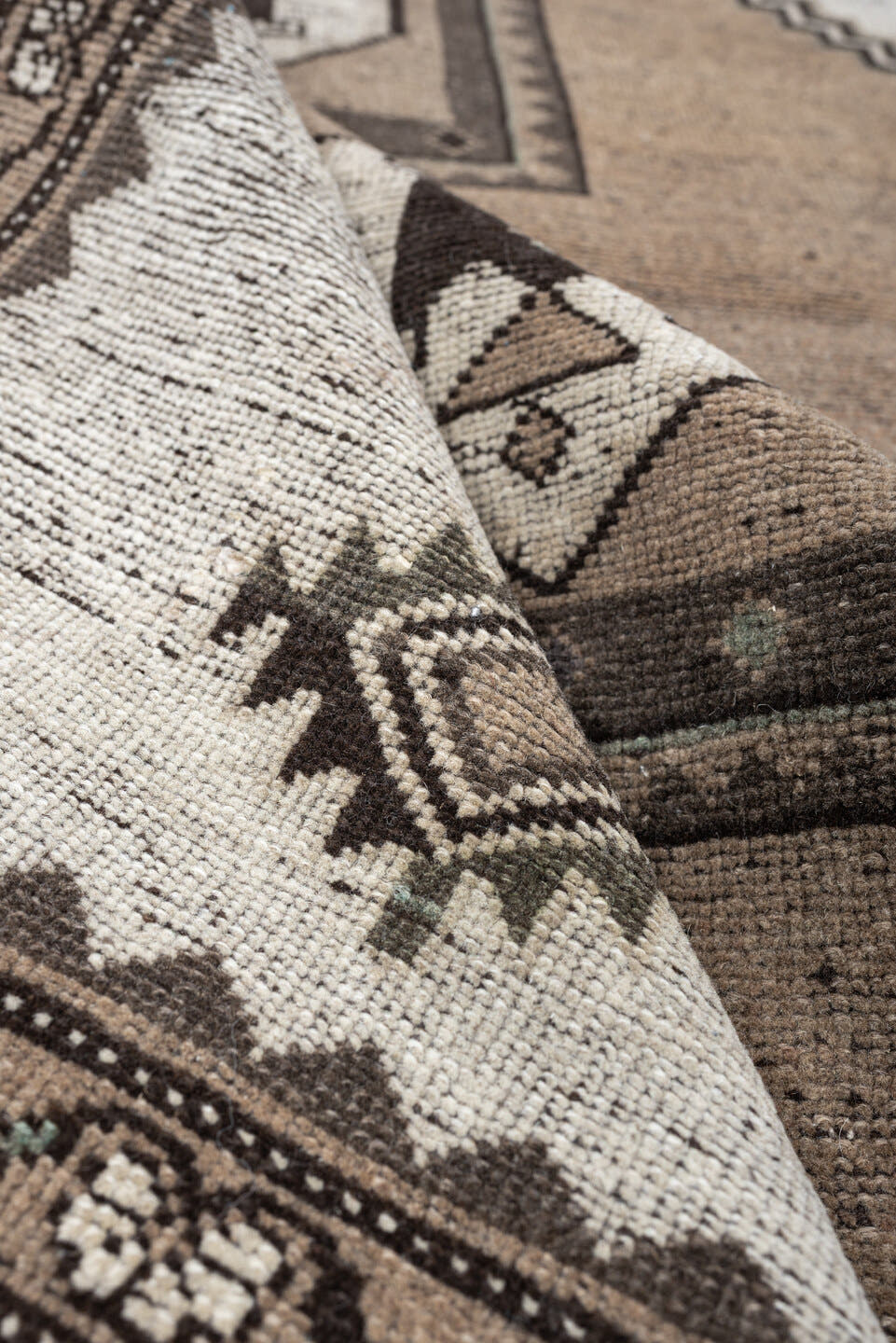 3' x 4' one-of-a-kind handmade antique Meshkin small size rug. Color palette: taupe, ivory, dark brown, charcoal, sage