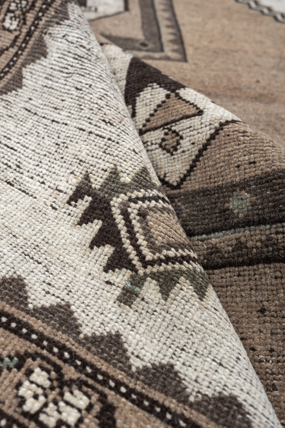 3' x 4' one-of-a-kind handmade antique Meshkin small size rug. Color palette: taupe, ivory, dark brown, charcoal, sage