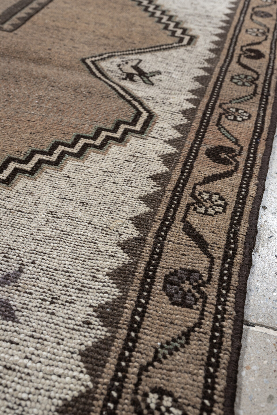 3' x 4' one-of-a-kind handmade antique Meshkin small size rug. Color palette: taupe, ivory, dark brown, charcoal, sage