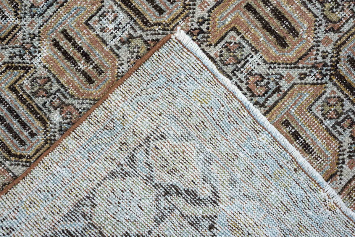 6' x 9' one-of-a-kind handmade antique Afshar medium size rug. Color palette: ivory, taupe, blush, charcoal, sage, camel