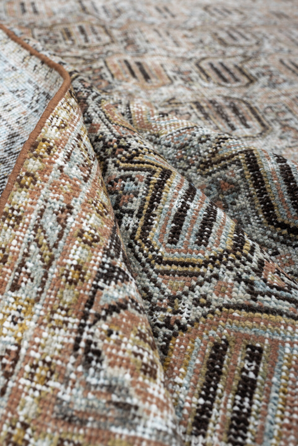 6' x 9' one-of-a-kind handmade antique Afshar medium size rug. Color palette: ivory, taupe, blush, charcoal, sage, camel