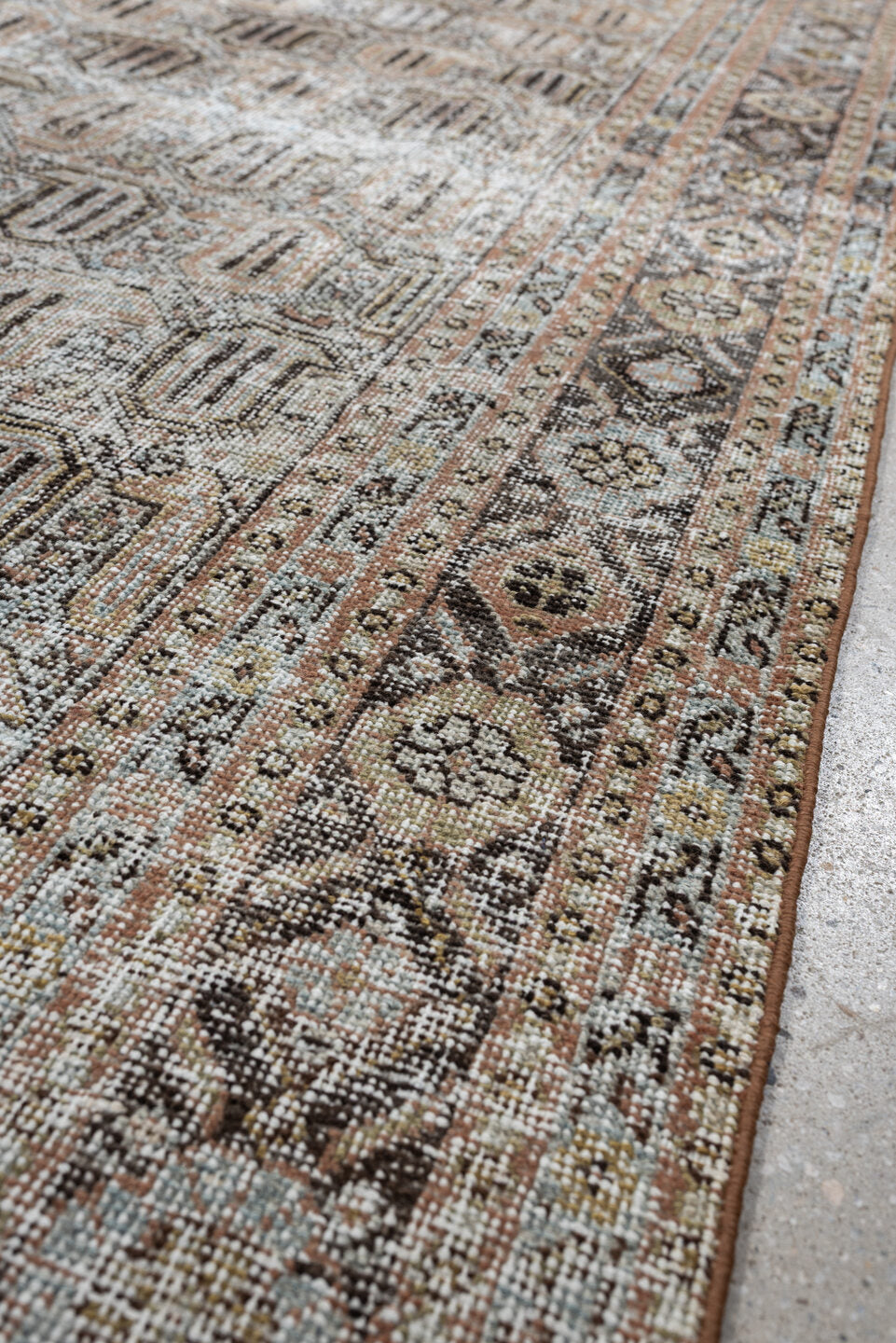 6' x 9' one-of-a-kind handmade antique Afshar medium size rug. Color palette: ivory, taupe, blush, charcoal, sage, camel