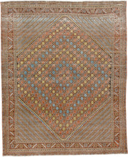 5' x 6' one-of-a-kind handmade antique Afshar rug. Color palette: terracotta, ivory, muted blue, gold, rust, sage, charcoal