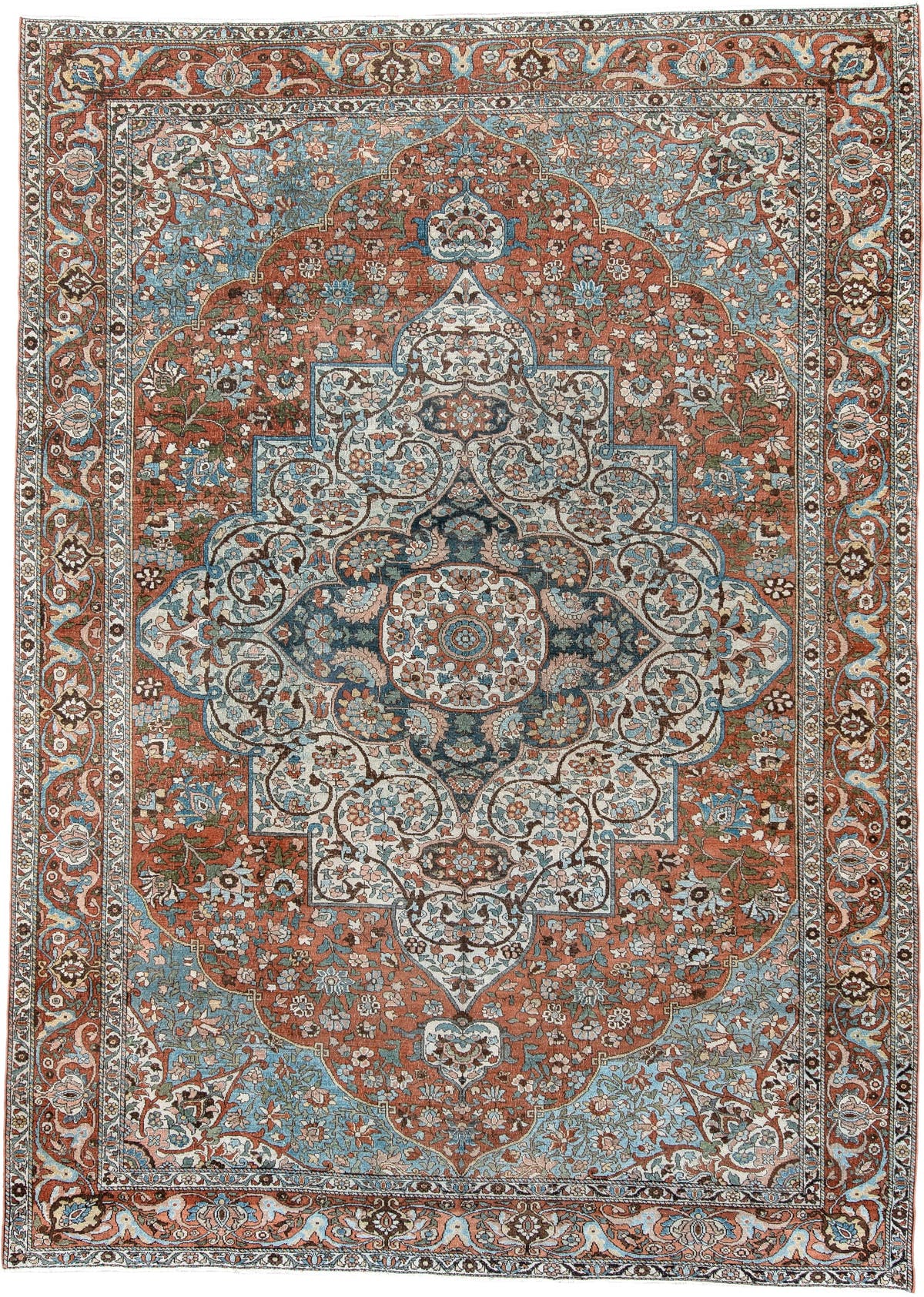7' x 10' one-of-a-kind handmade antique Baktiary large size rug. Color palette: terracotta, ivory, turquoise, rust