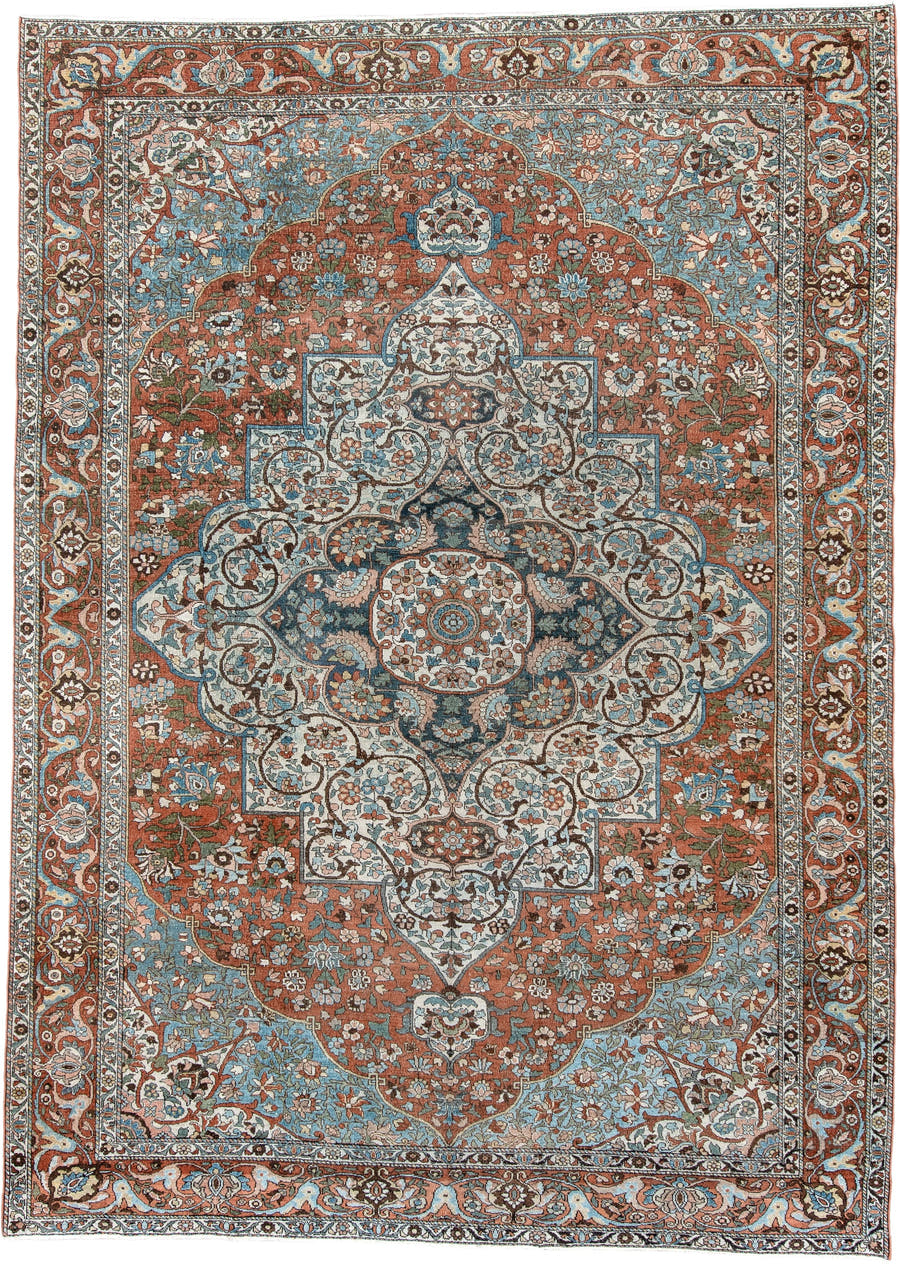 7' x 10' one-of-a-kind handmade antique Baktiary large size rug. Color palette: terracotta, ivory, turquoise, rust