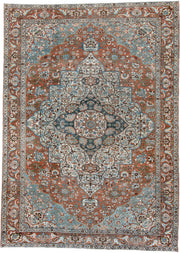 7' x 10' one-of-a-kind handmade antique Baktiary large size rug. Color palette: terracotta, ivory, turquoise, rust
