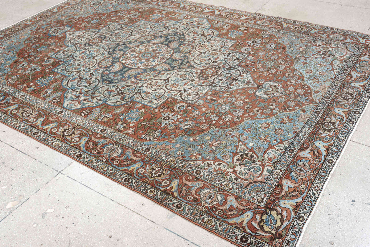 7' x 10' one-of-a-kind handmade antique Baktiary large size rug. Color palette: terracotta, ivory, turquoise, rust