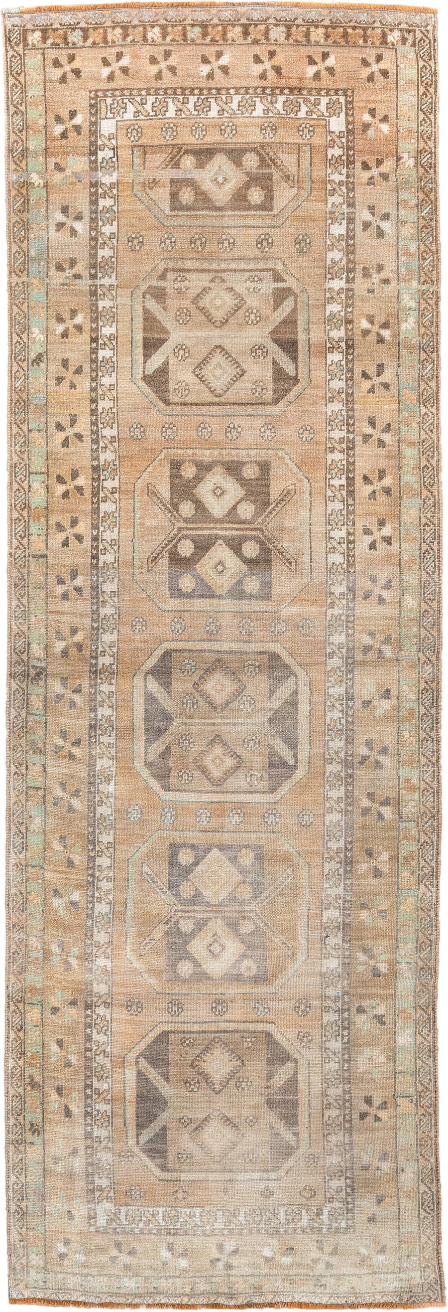 3' x 10' one-of-a-kind handmade antique Anatolian runner rug. Color palette: camel, ivory, taupe, charcoal, sage, terracotta