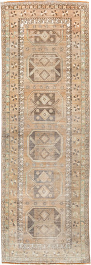 3' x 10' one-of-a-kind handmade antique Anatolian runner rug. Color palette: camel, ivory, taupe, charcoal, sage, terracotta