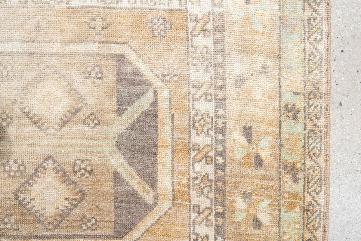 3' x 10' one-of-a-kind handmade antique Anatolian runner rug. Color palette: camel, ivory, taupe, charcoal, sage, terracotta