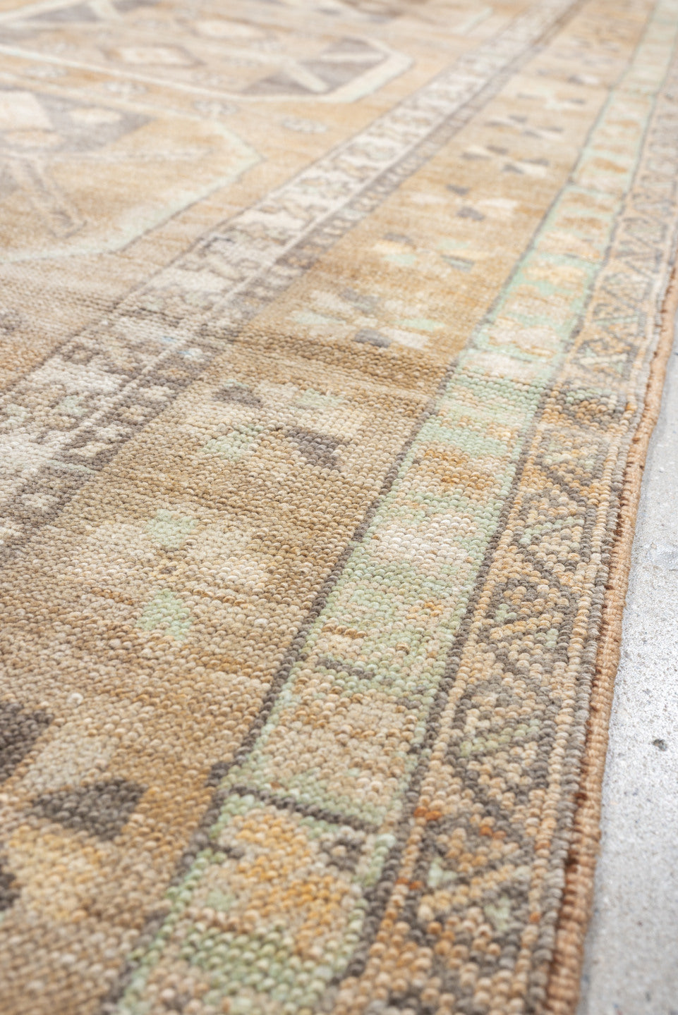 3' x 10' one-of-a-kind handmade antique Anatolian runner rug. Color palette: camel, ivory, taupe, charcoal, sage, terracotta