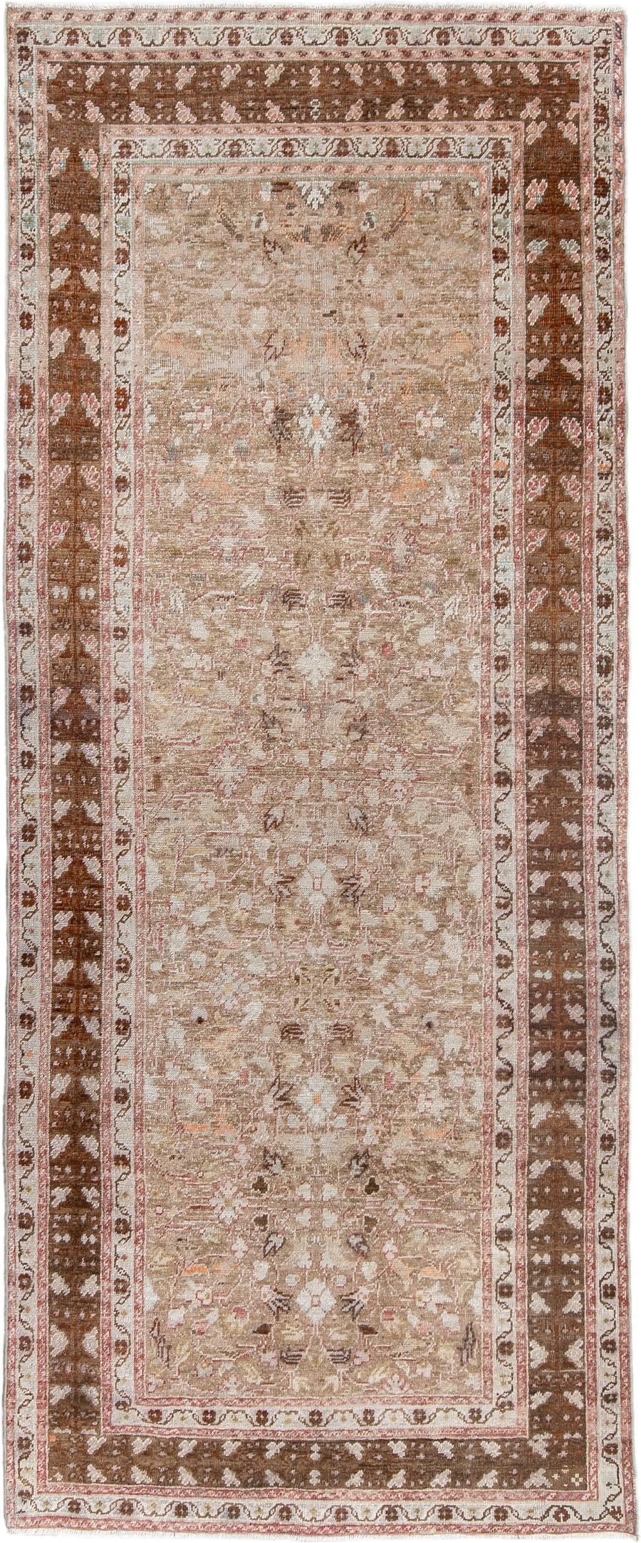 3' x 8' one-of-a-kind handmade antique Anatolian runner rug. Color palette: taupe, walnut brown, ivory, beige, rose
