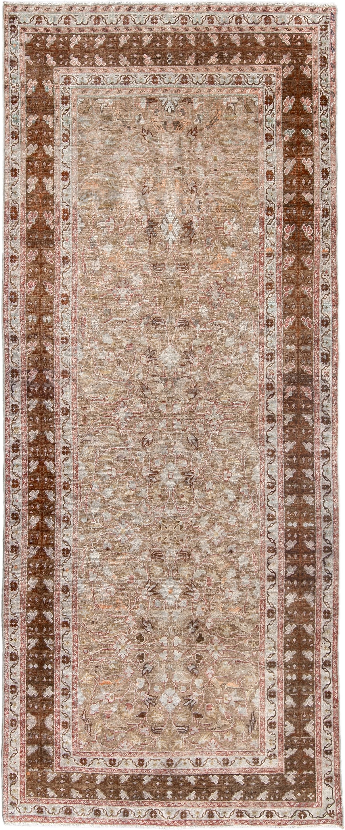 3' x 8' one-of-a-kind handmade antique Anatolian runner rug. Color palette: taupe, walnut brown, ivory, beige, rose