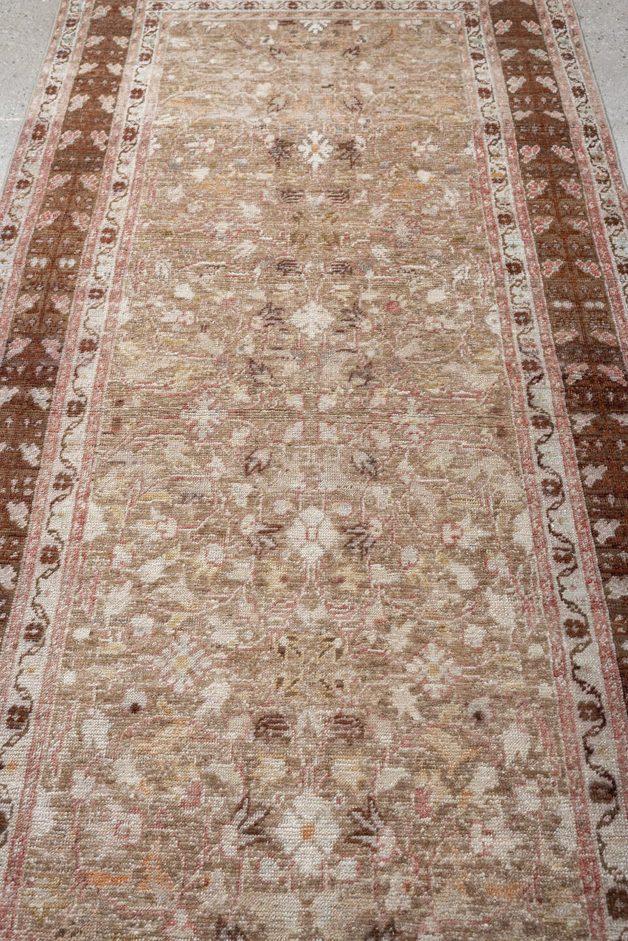 3' x 8' one-of-a-kind handmade antique Anatolian runner rug. Color palette: taupe, walnut brown, ivory, beige, rose