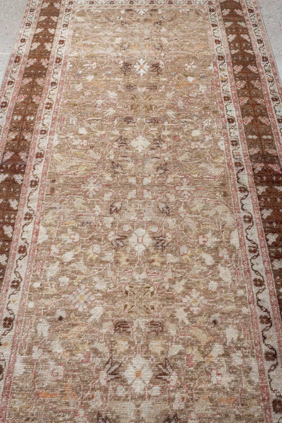 3' x 8' one-of-a-kind handmade antique Anatolian runner rug. Color palette: taupe, walnut brown, ivory, beige, rose