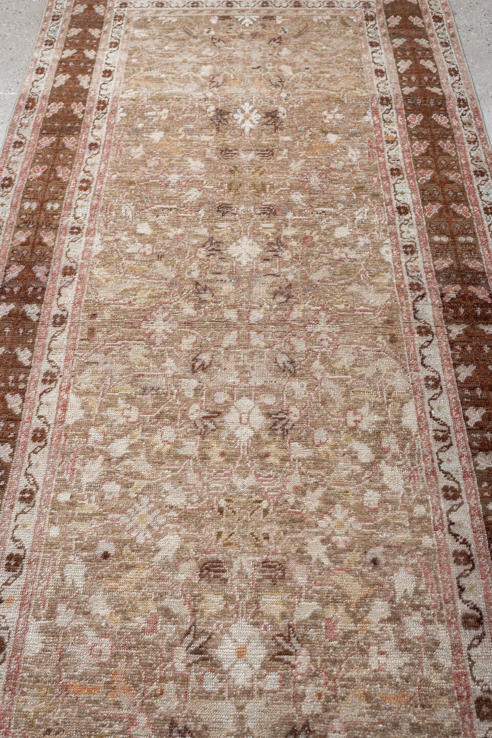 3' x 8' one-of-a-kind handmade antique Anatolian runner rug. Color palette: taupe, walnut brown, ivory, beige, rose
