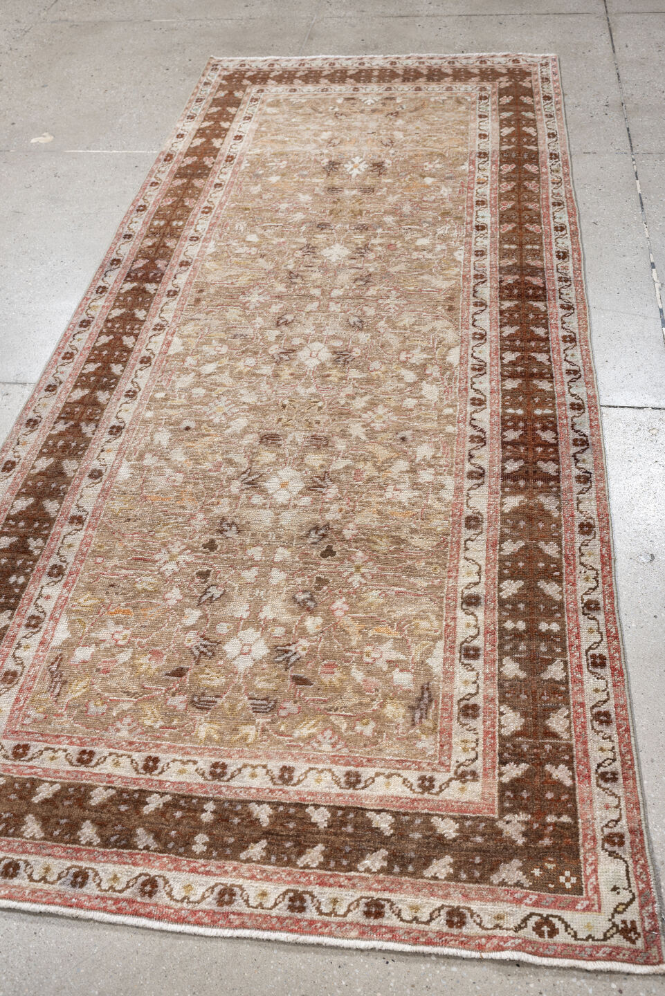 3' x 8' one-of-a-kind handmade antique Anatolian runner rug. Color palette: taupe, walnut brown, ivory, beige, rose