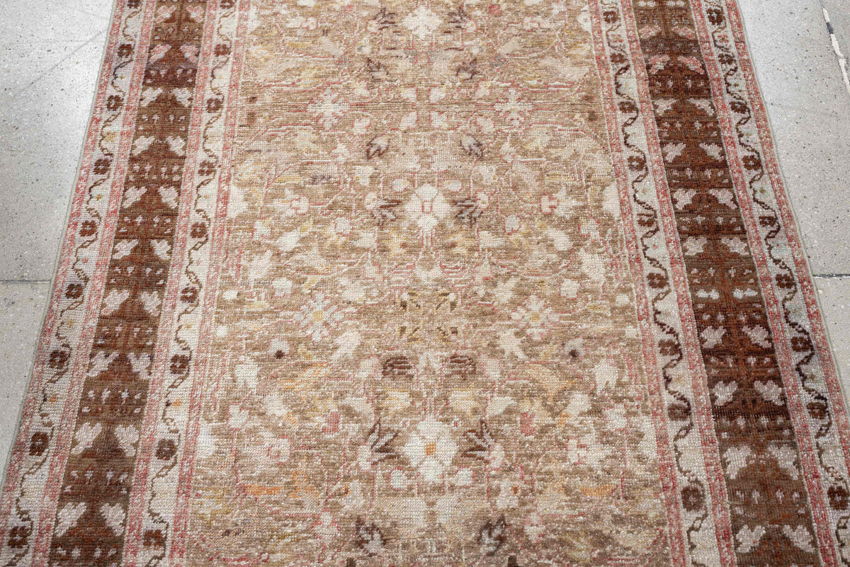 3' x 8' one-of-a-kind handmade antique Anatolian runner rug. Color palette: taupe, walnut brown, ivory, beige, rose