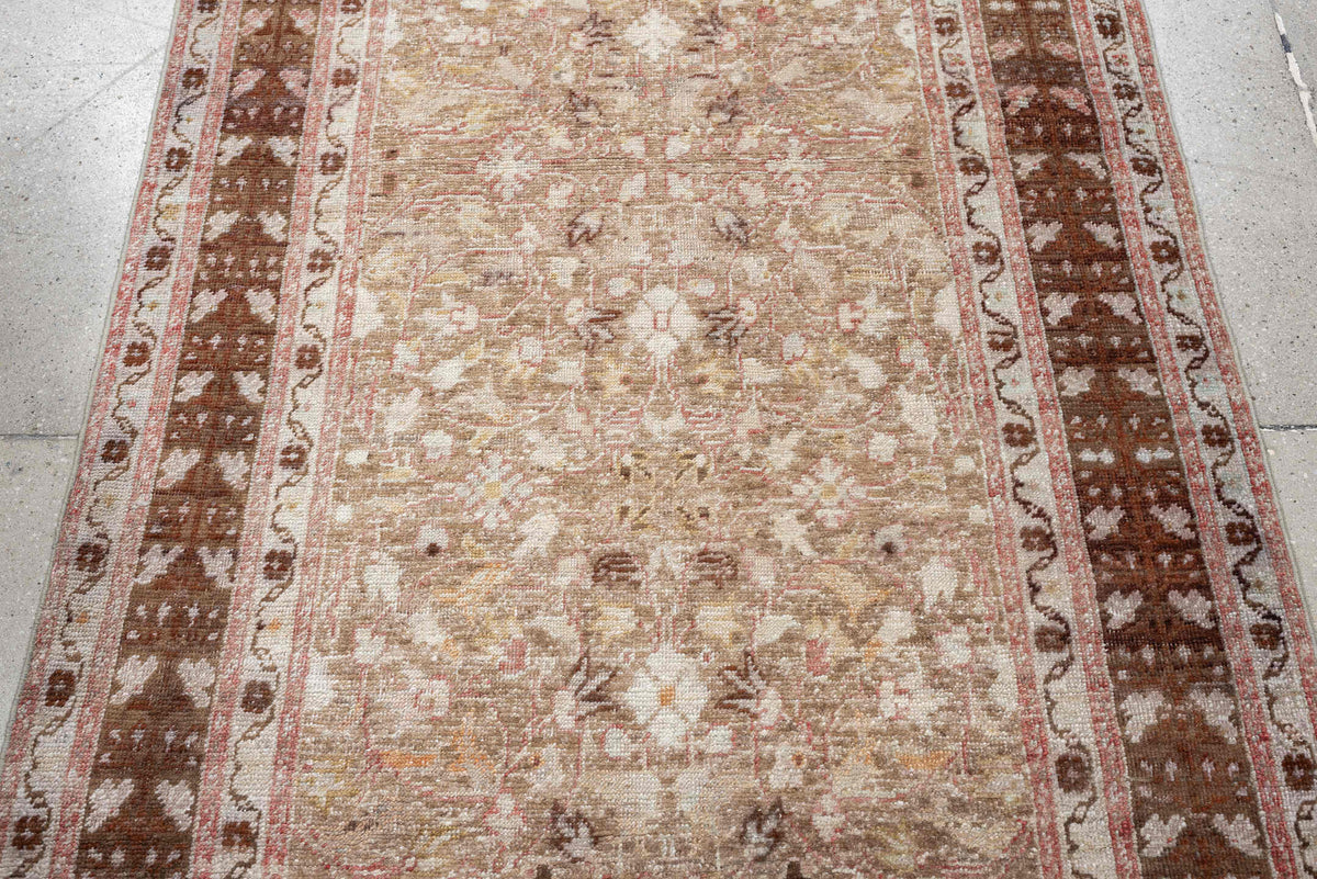 3' x 8' one-of-a-kind handmade antique Anatolian runner rug. Color palette: taupe, walnut brown, ivory, beige, rose
