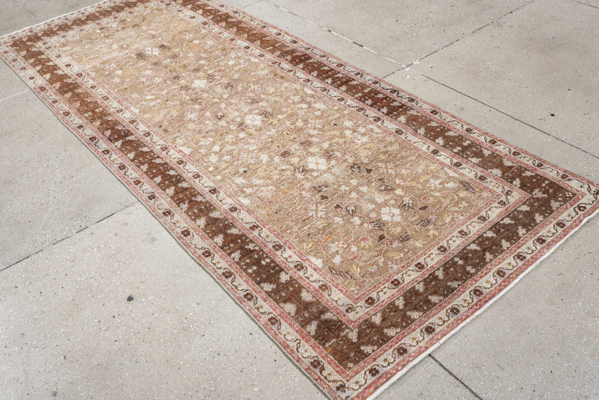 3' x 8' one-of-a-kind handmade antique Anatolian runner rug. Color palette: taupe, walnut brown, ivory, beige, rose