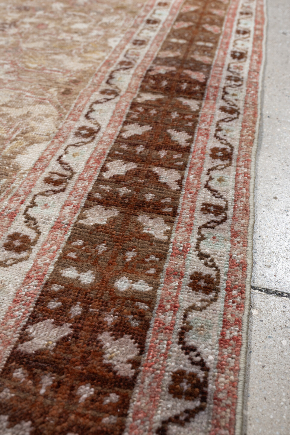 3' x 8' one-of-a-kind handmade antique Anatolian runner rug. Color palette: taupe, walnut brown, ivory, beige, rose