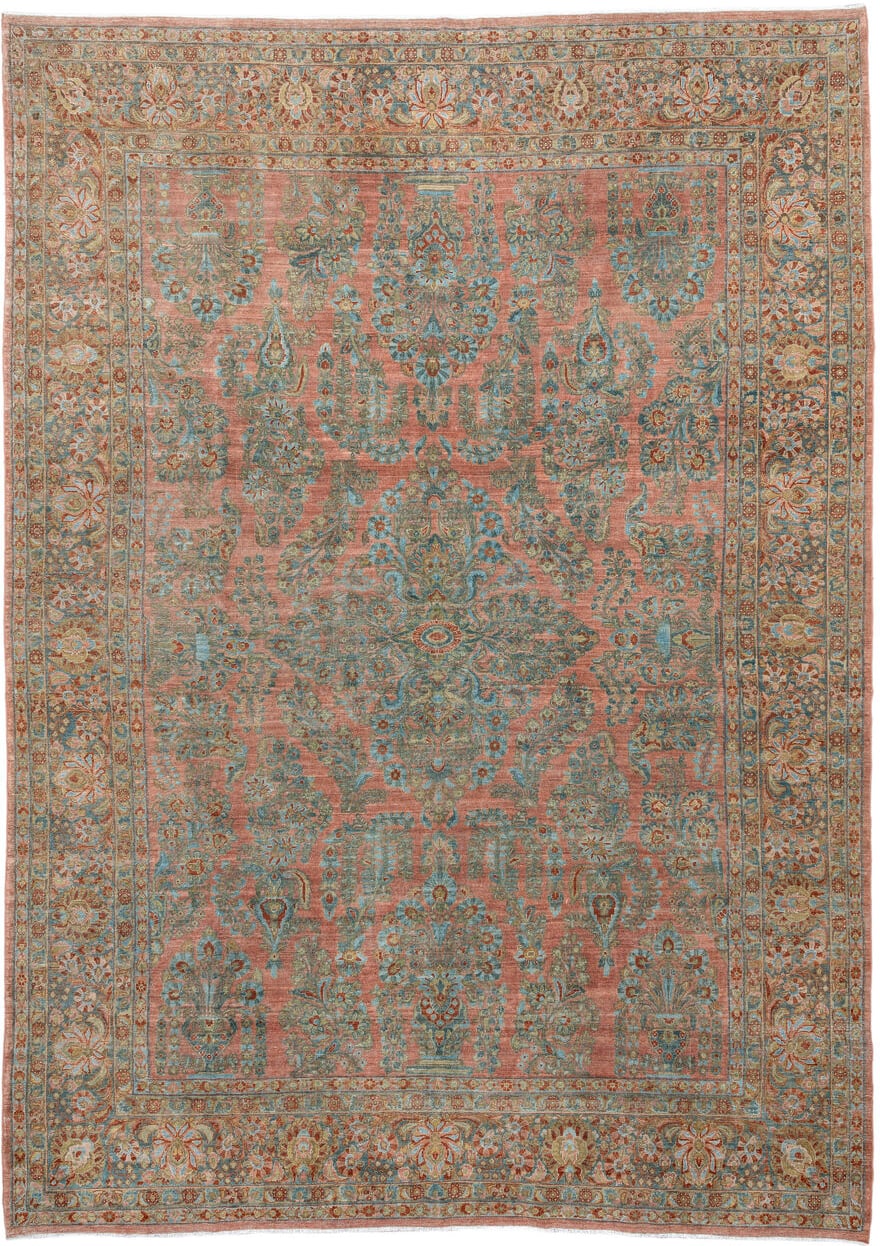 10' x 14' one-of-a-kind handmade antique Sarouk large size rug. Color palette: rose, teal, ivory, sage, rust, tan, coral