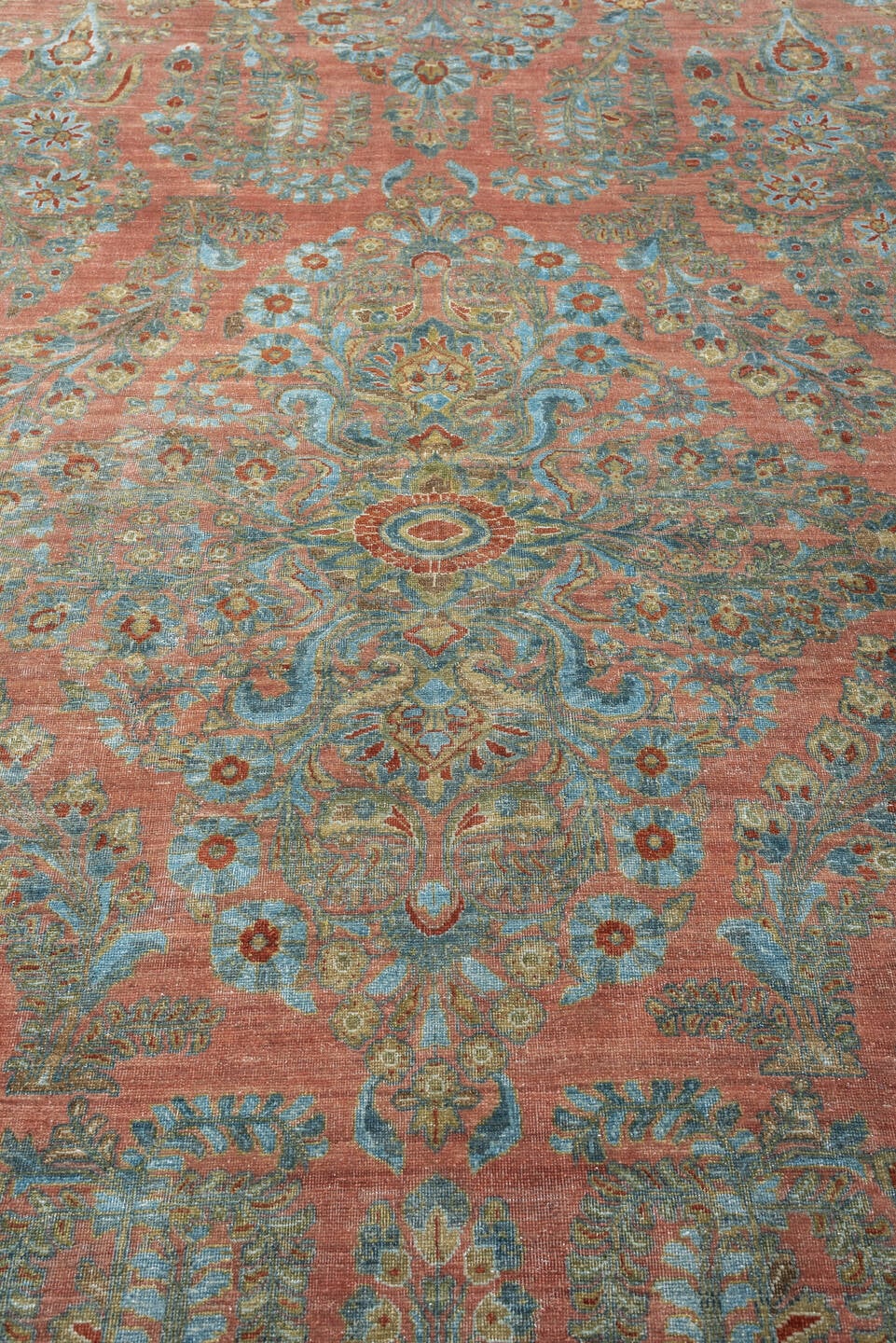 10' x 14' one-of-a-kind handmade antique Sarouk large size rug. Color palette: rose, teal, ivory, sage, rust, tan, coral