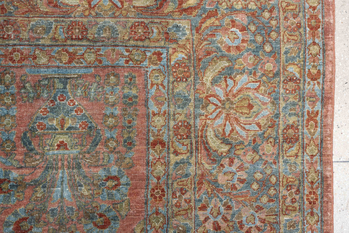 10' x 14' one-of-a-kind handmade antique Sarouk large size rug. Color palette: rose, teal, ivory, sage, rust, tan, coral