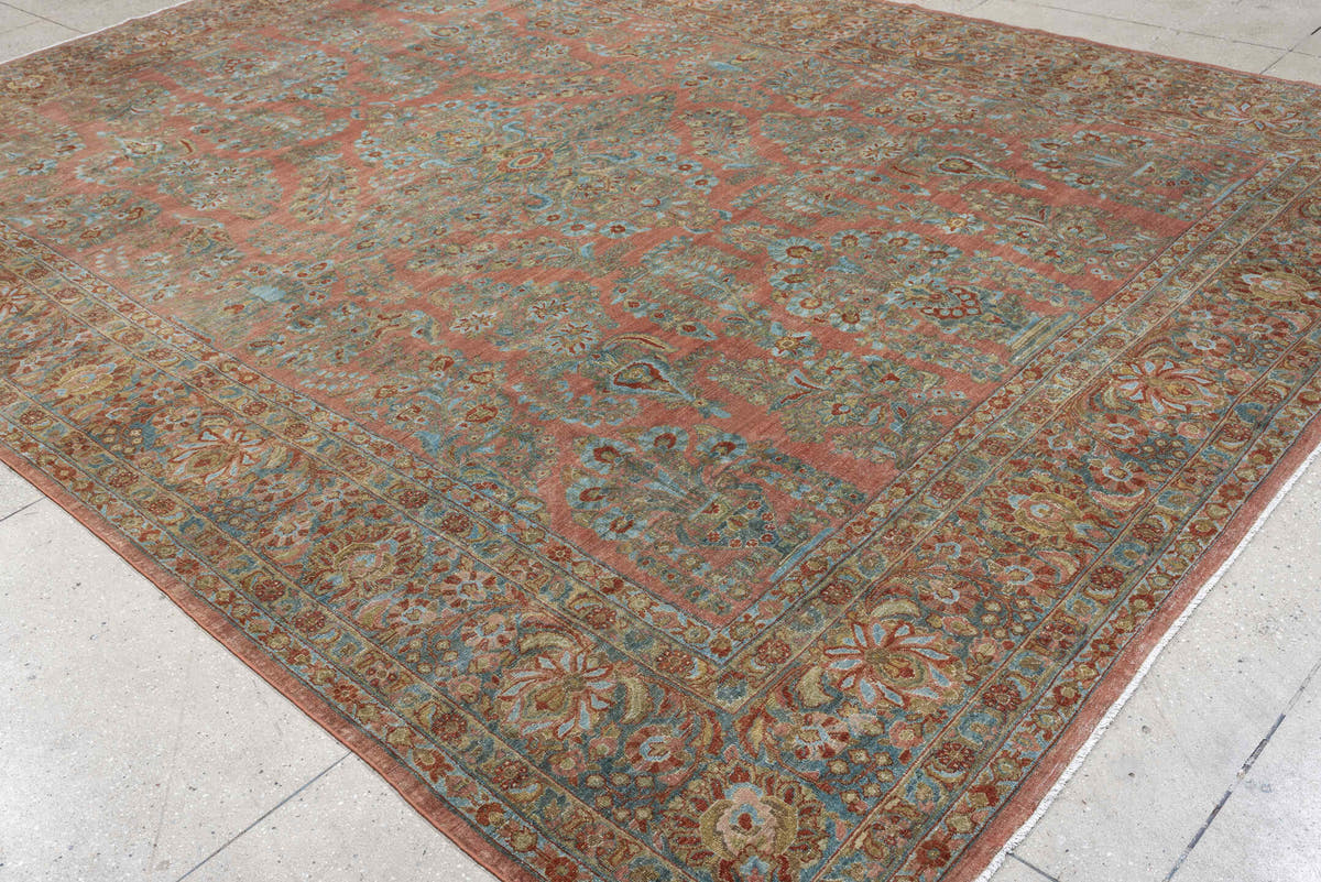 10' x 14' one-of-a-kind handmade antique Sarouk large size rug. Color palette: rose, teal, ivory, sage, rust, tan, coral