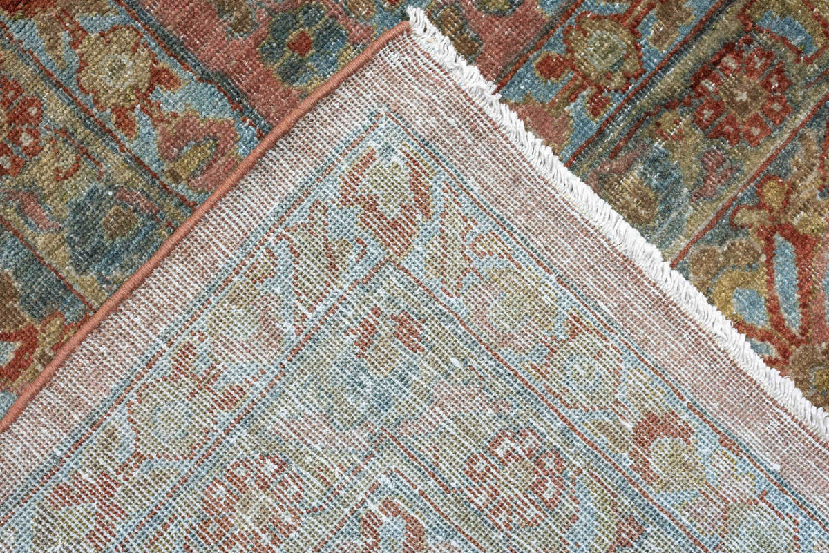 10' x 14' one-of-a-kind handmade antique Sarouk large size rug. Color palette: rose, teal, ivory, sage, rust, tan, coral