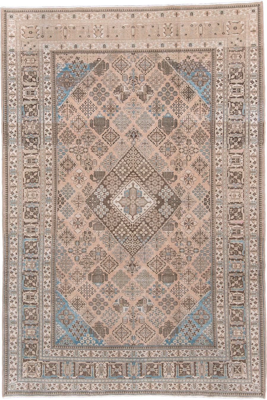 7' x 10' one-of-a-kind handmade antique Joshegan large size rug. Color palette: ivory, taupe, powder blue, charcoal, beige