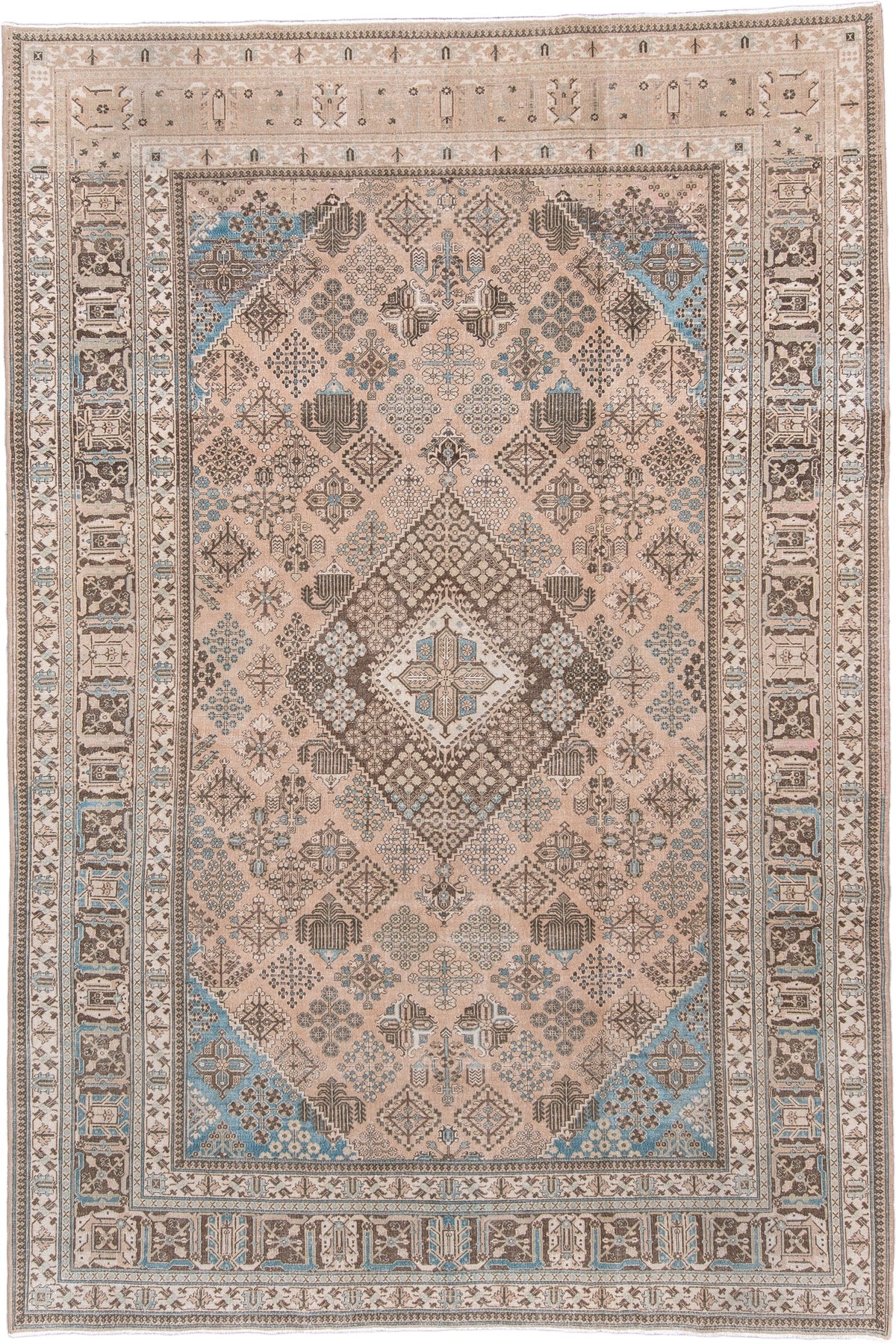 7' x 10' one-of-a-kind handmade antique Joshegan large size rug. Color palette: ivory, taupe, powder blue, charcoal, beige