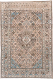 7' x 10' one-of-a-kind handmade antique Joshegan large size rug. Color palette: ivory, taupe, powder blue, charcoal, beige